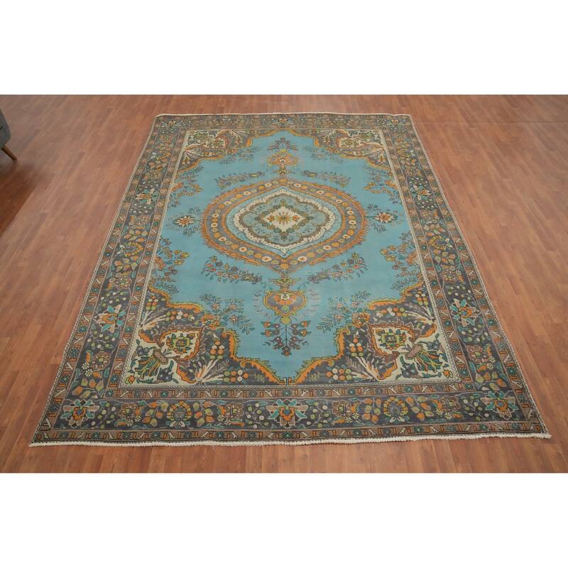 Hand Knotted Oriental 100% Wool Carpet Traditional Floral Navy Blue & Blues Tabriz Area Rug - 12' 3'' X 9' 4''