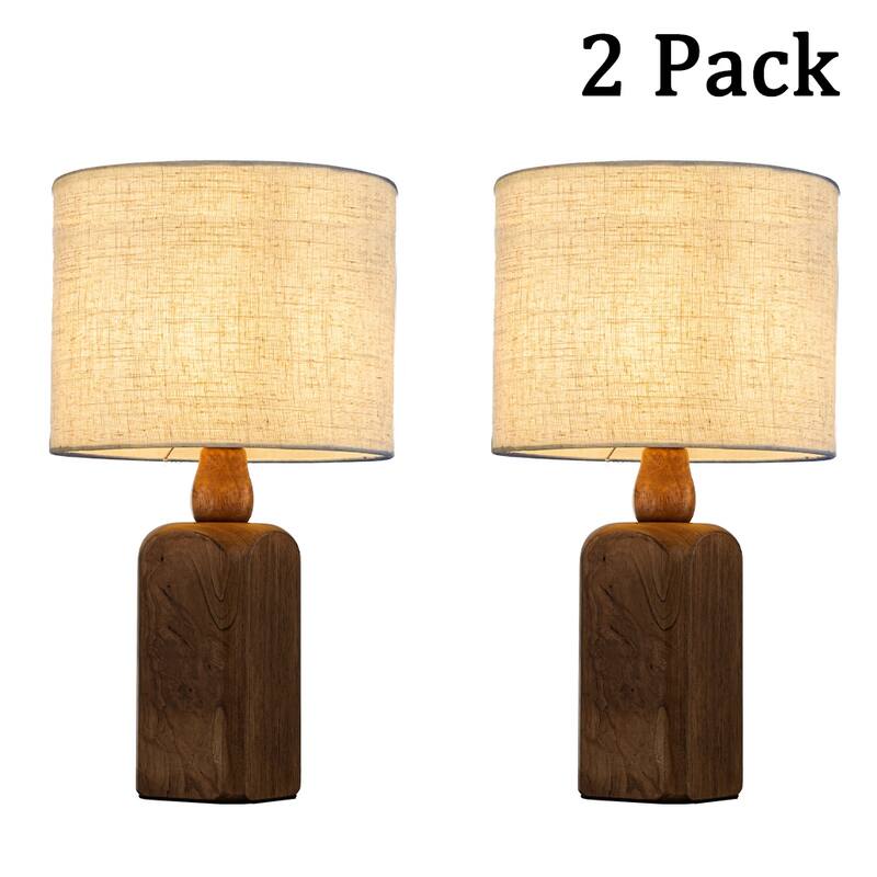Farmhouse Traditional Natural Brown Solid Wood Base Table Lamp with Beige Fabric Shade for Bedroom Living Room（Set of 2)