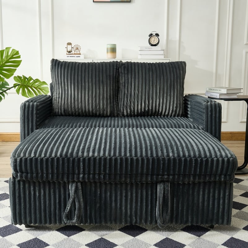 Corduroy Sleeper Sofa w/ USB Ports, Convertible Pull-Out Sofa Bed, Modern Sleeper Couch Loveseat w/ 2 Pillows & Pocket