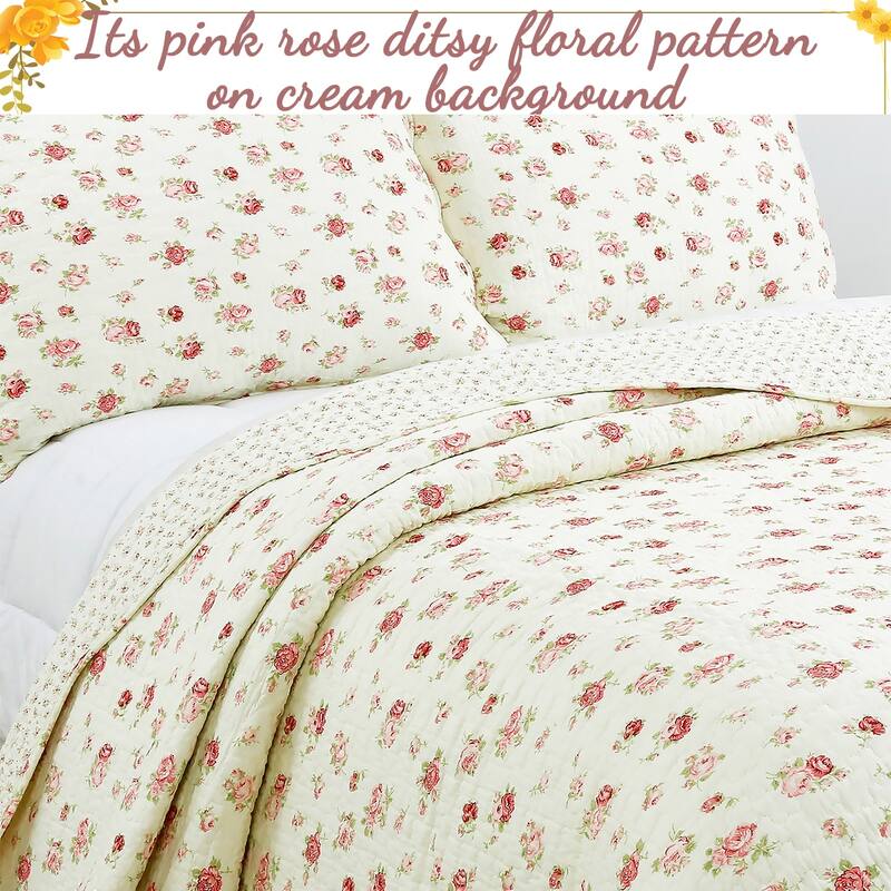 Pink Rose Garden 3-Piece King-size Quilt Bedding Set