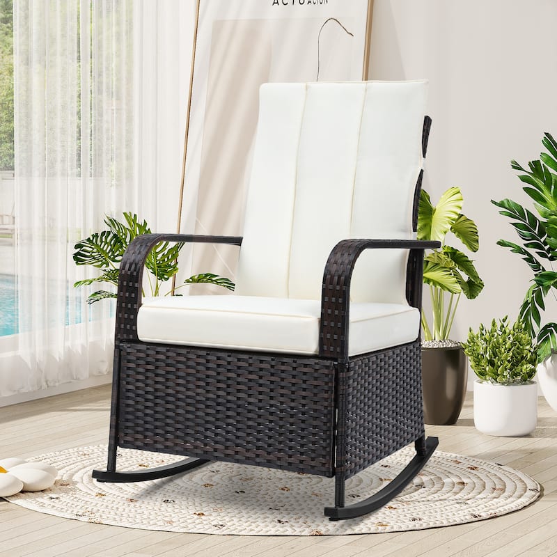 Outdoor Wicker Rocking Chair with Soft Cushions,Adjustment Back, Footrest - white