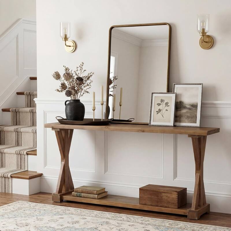 Solid Wood Console Table for Entryway, 63-Inch Narrow Sofa Table Behind Couch - 62.99" L × 11.81" W × 31.89" H
