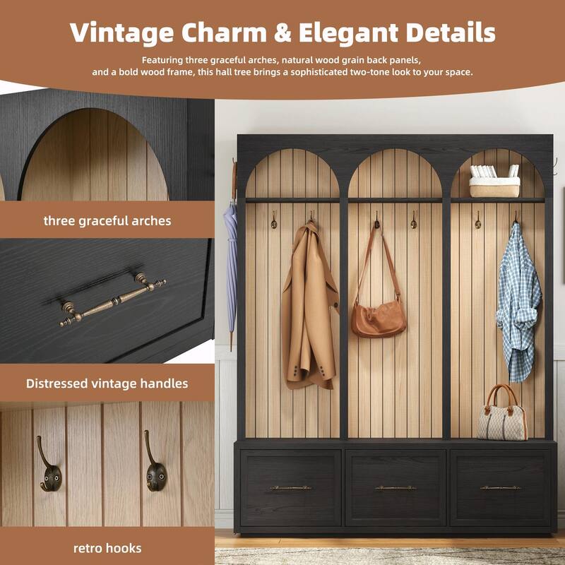 Farmhouse Wooden Style Hall Tree with Arched Design