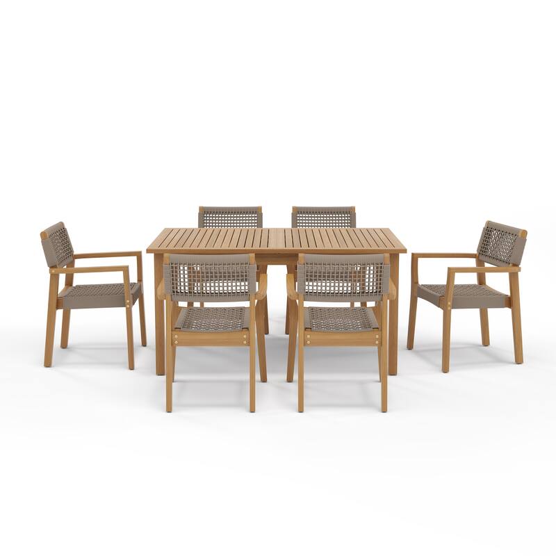Outdoor Wooden Dining Table with 6 Woven - Seat Chairs Set