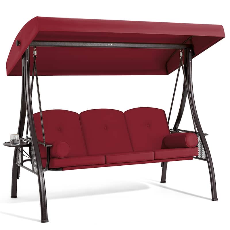 3-Seat Patio Swing with Adjustable Canopy, 750lbs Heavy Duty, Convertible Outdoor Bed, All-Weather, Cup Holders & Thick Cushions