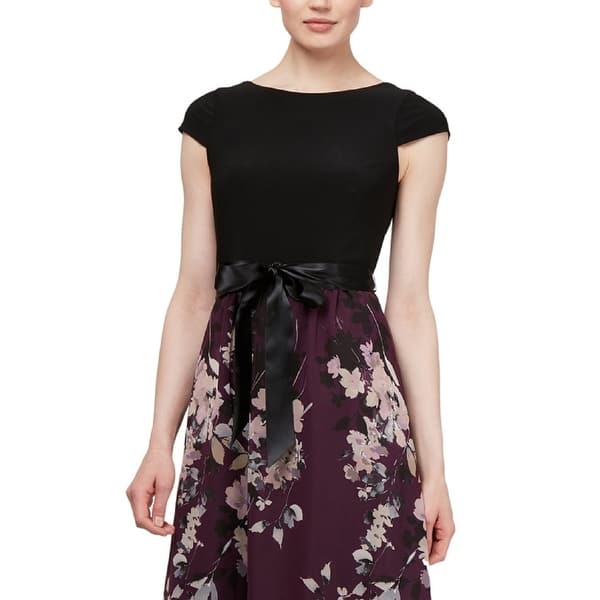 slim fit dress slacks SL Fashions Women's Tea Length Printed Lurex Midi Dress - Black/Gold main image 0