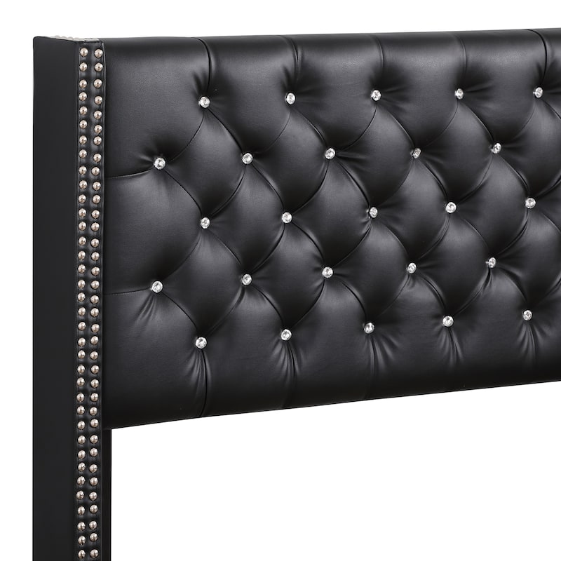 Full Nailhead and Faux Jewel Tufted Upholstered Panel Bed - 80" - Black