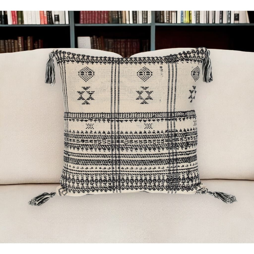 HomeRoots 18" Beige and Black Southwestern Cotton Throw Pillow With Tassels