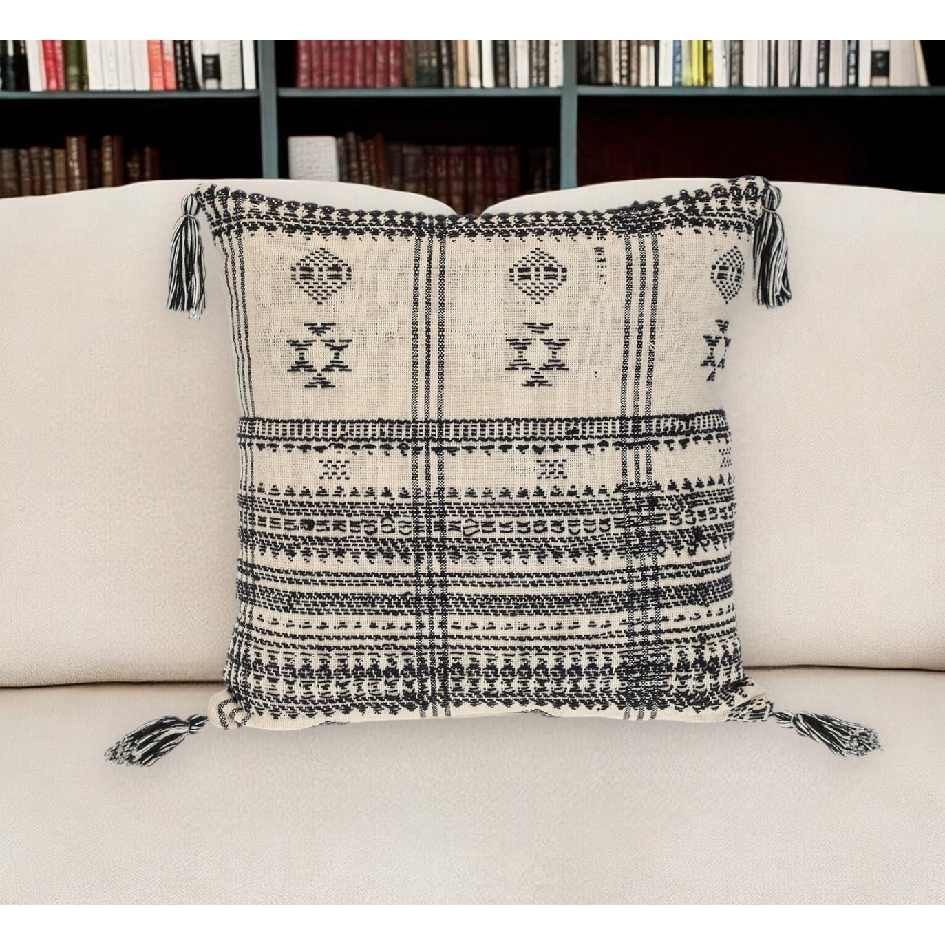 HomeRoots 18" Beige and Black Southwestern Cotton Throw Pillow With Tassels