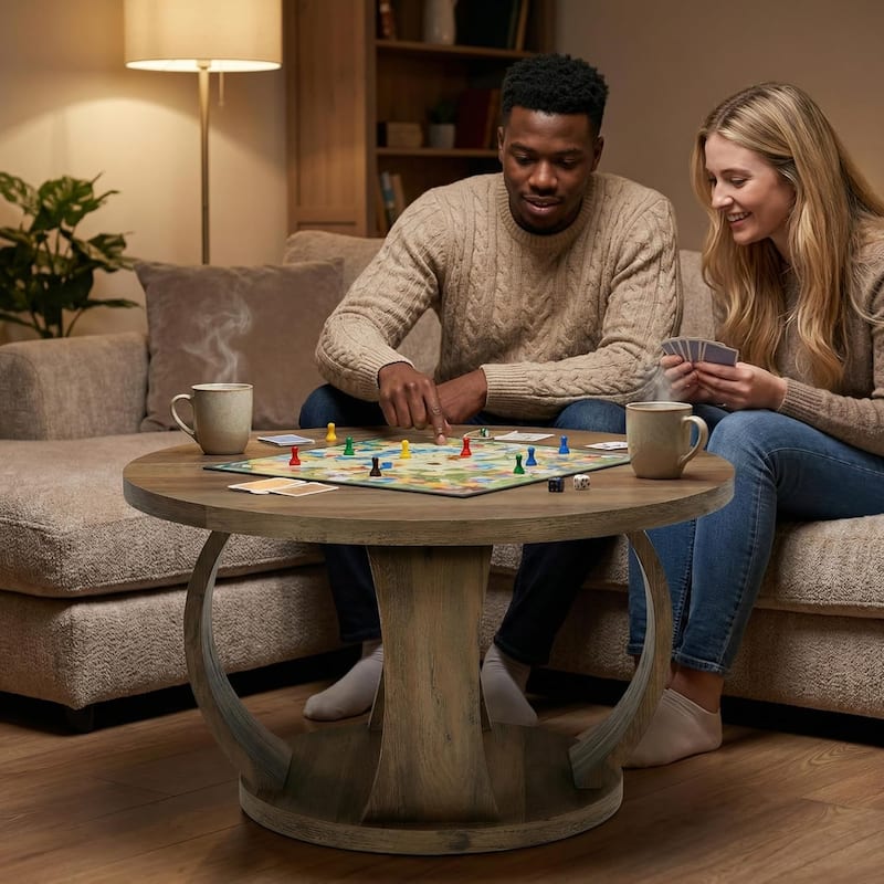 Round Coffee Table, 2-Tier Coffee Table with Storage, Wooden Center Table for Living Room, Apartment, Small Space