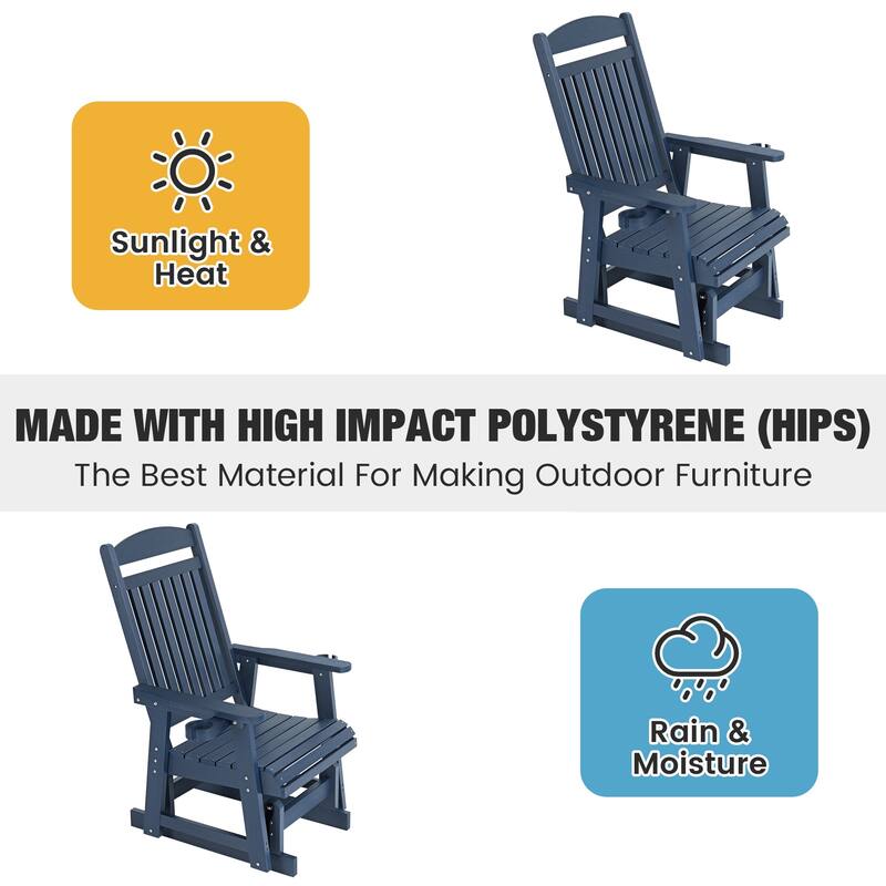 Poly Lumber Patio Glider for One Person with Cup Holders, HIPS Material, All-Weather Resistant