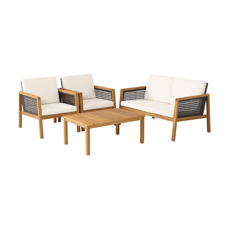 4 PCS Outdoor Acacia Wood Furniture Set Patio Conversation Set - Beige