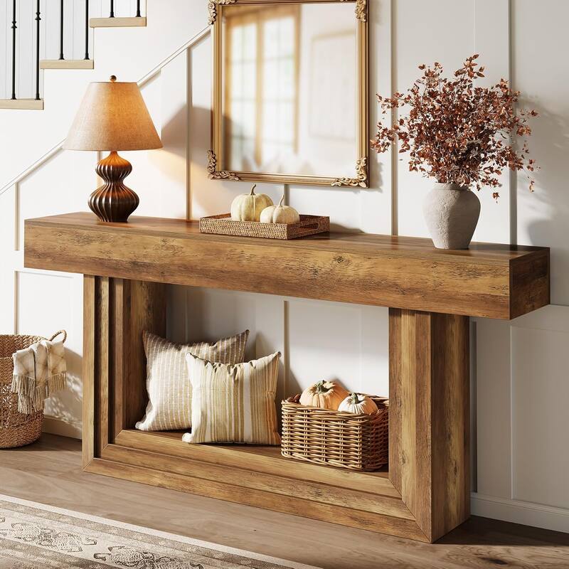 63" Console Table, 2-Tier Farmhouse Long Entryway Table with U-Shaped Base