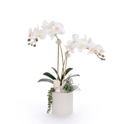 Real Touch White Orchid Flower Arrangement in White Pot