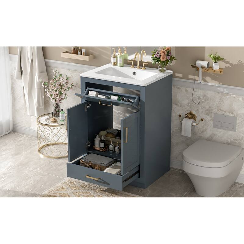 Roomfitters 24 Inch Bathroom Vanity with Integrated Ceramic Sink, Storage Cabinet & Tilt-Down Compartment