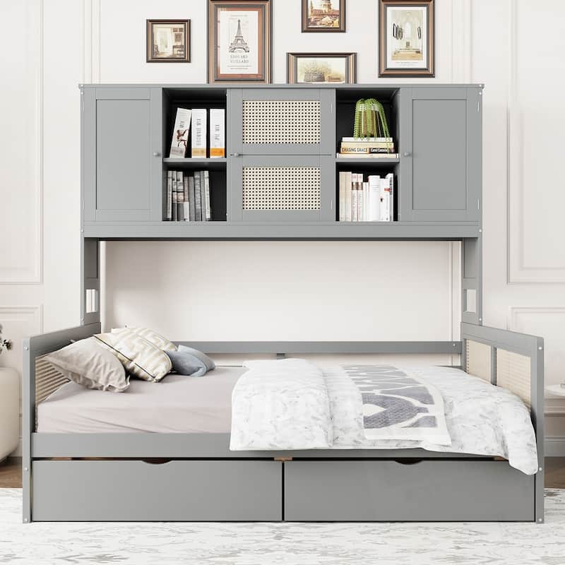 Wooden Daybed With 2 Drawers and All-in-One Cabinet and Shelf - Grey - Full