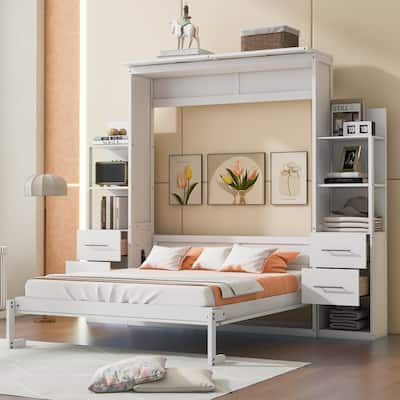 Queen Size Wall Bed with LED Lighting, Storage Shelves & Drawers - Ideal for Small Spaces
