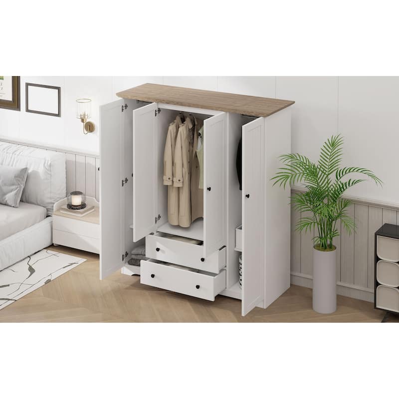 4 Door Wardrobe Armoire Closet with 2 Drawers, Freestanding Wardrobe Clothes Storage Cabinet with Hanging Rods