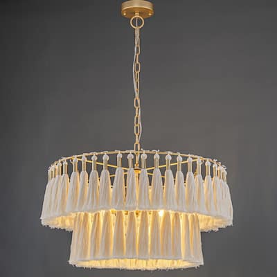 6-Light Bohemian Vintage Off-White Circle Hand-made Cotton Fringes Tiered Chandelier Pendant Light for Living Rooms