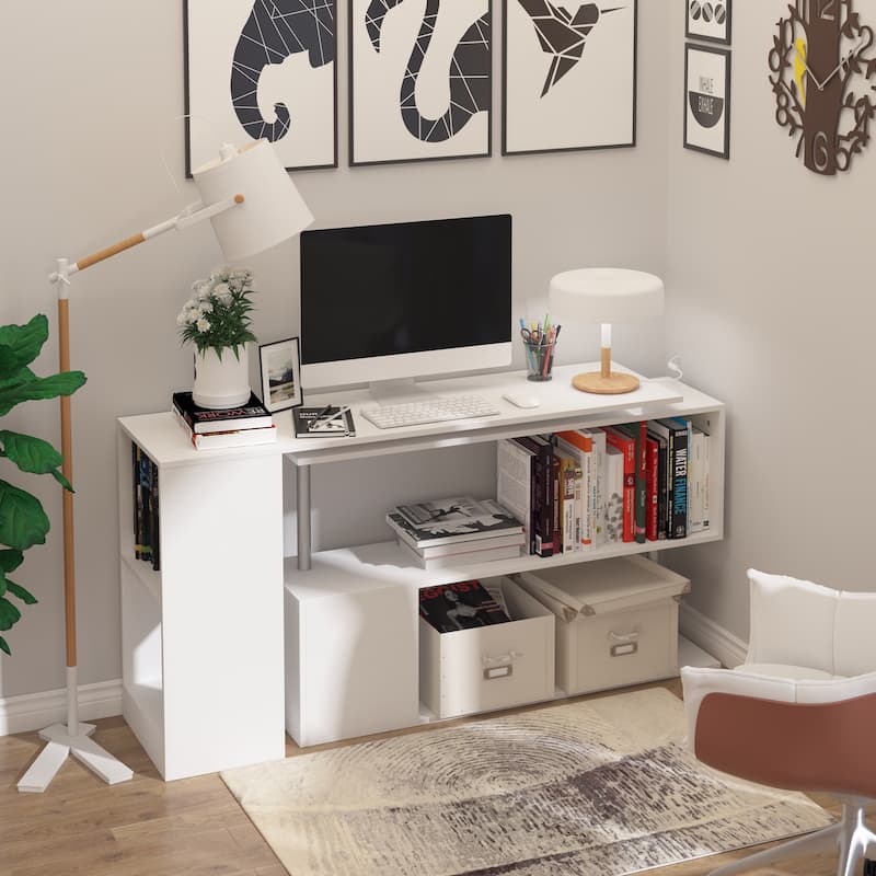 HOMCOM 55" Rotating Corner Computer Desk: L-Shaped Workstation, Storage Shelves