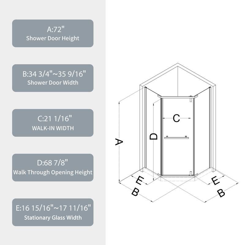 34.75" W x 72" H Aluminum Frameless Shower Enclosure