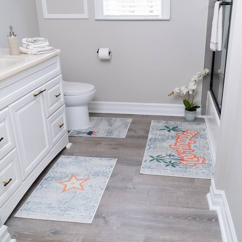 US States Design 3 Piece Bathroom Rugs Set - Non-Slip Ultra Thin Bath Rugs for Bathroom Floor - Washable Bathroom Mats Set