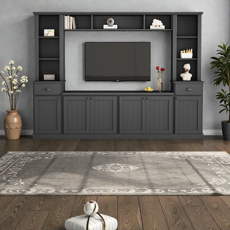 Modern Entertainment Wall Unit with Bridge for TVs up to 75", Large TV Stand Set with Adjustable Shelves and Storage, 103"