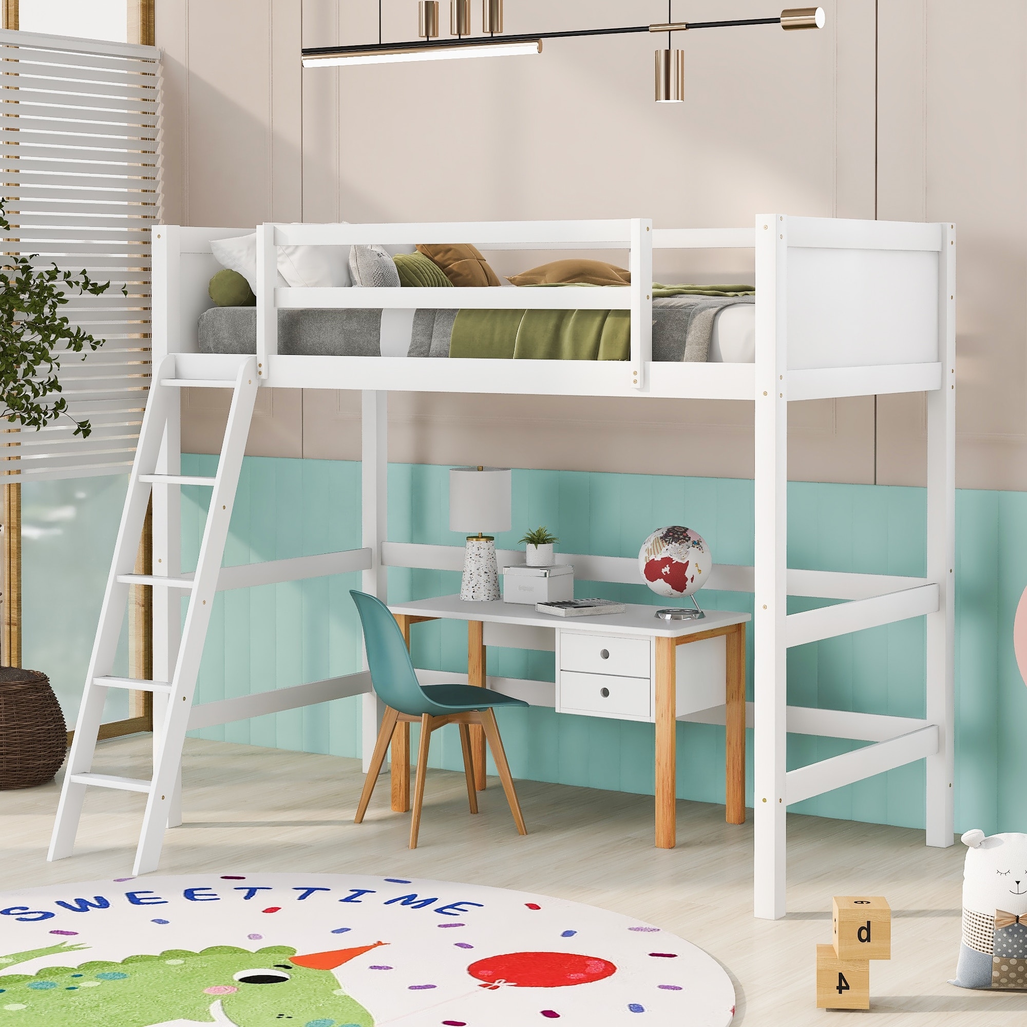 High Loft Bed Frame w Underneath Twin White Loft Bed for Kids