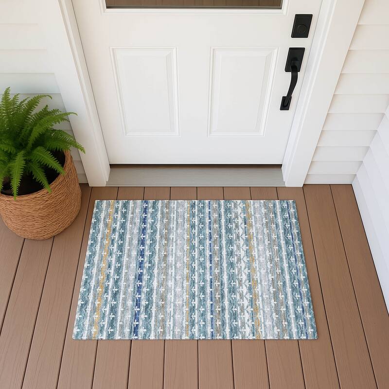 Machine Washable Indoor/ Outdoor Stripe Bramlage Chantille Rug - Teal - 1'8" x 2'6"