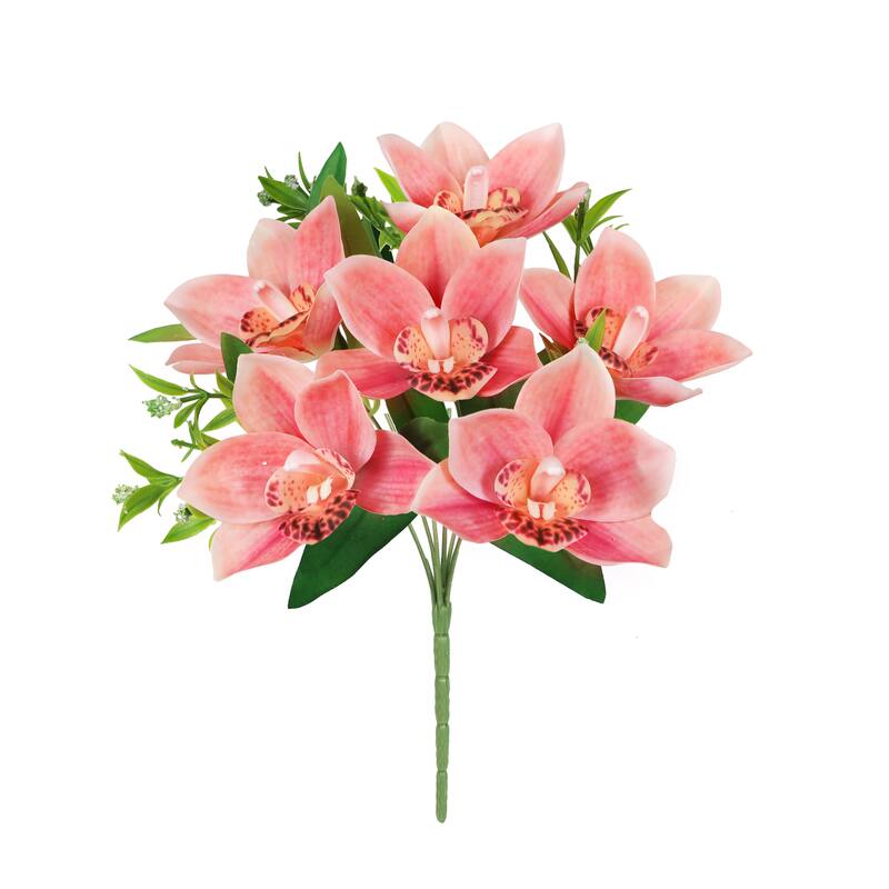 Set of 4 Coral Artificial Cymbidium Orchid Flower Stem Bush Bouquet 13in - 13" L x 8" W x 8" DP - Coral - 13" L x 8" W x 8" DP