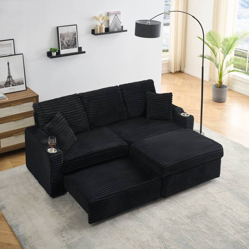 80-inch Foldable Hidden Black Corduroy Sofa with Cup Holders, Footrest and Storage Function