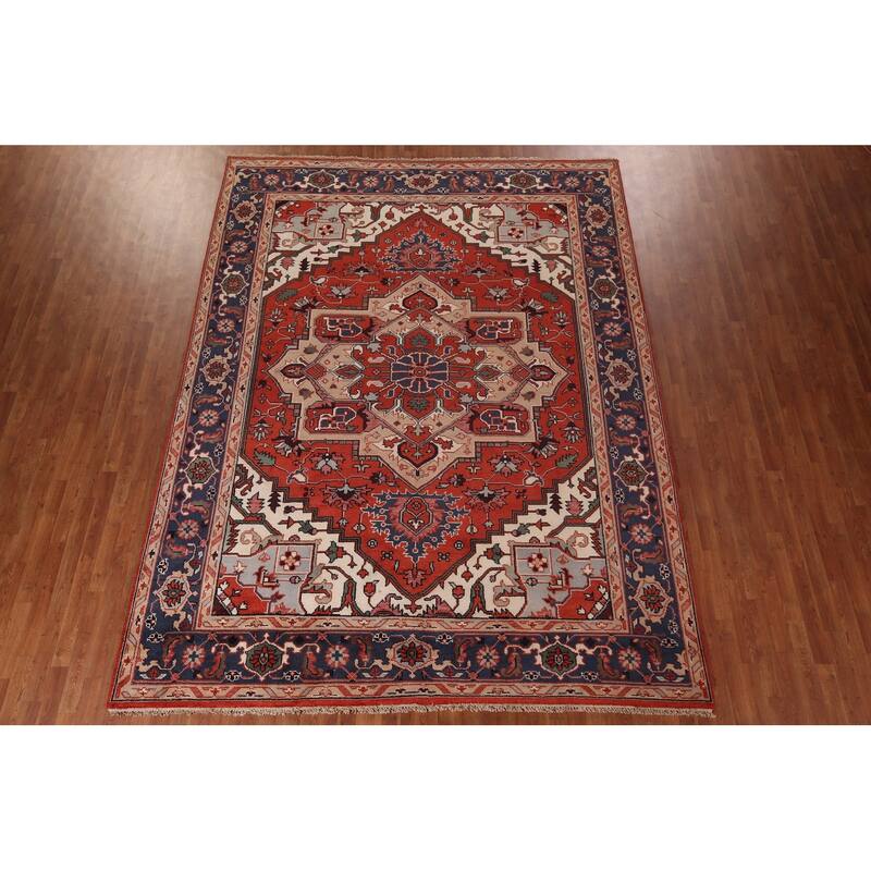 Orange Geometric Heriz Serapi Indian Area Rug Hand-Knotted Wool Carpet - 9'0"x 11'9"