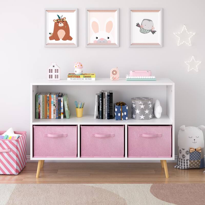 Anmytek White and Pink Kids Bookcase Toy Storage Organizer Cabinet with Fabric Drawers
