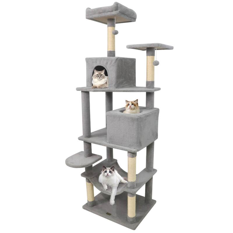 Costway 70” Cat Tree for Indoor Cats with Padded Top Perch, Dual - See Details - Light Gray