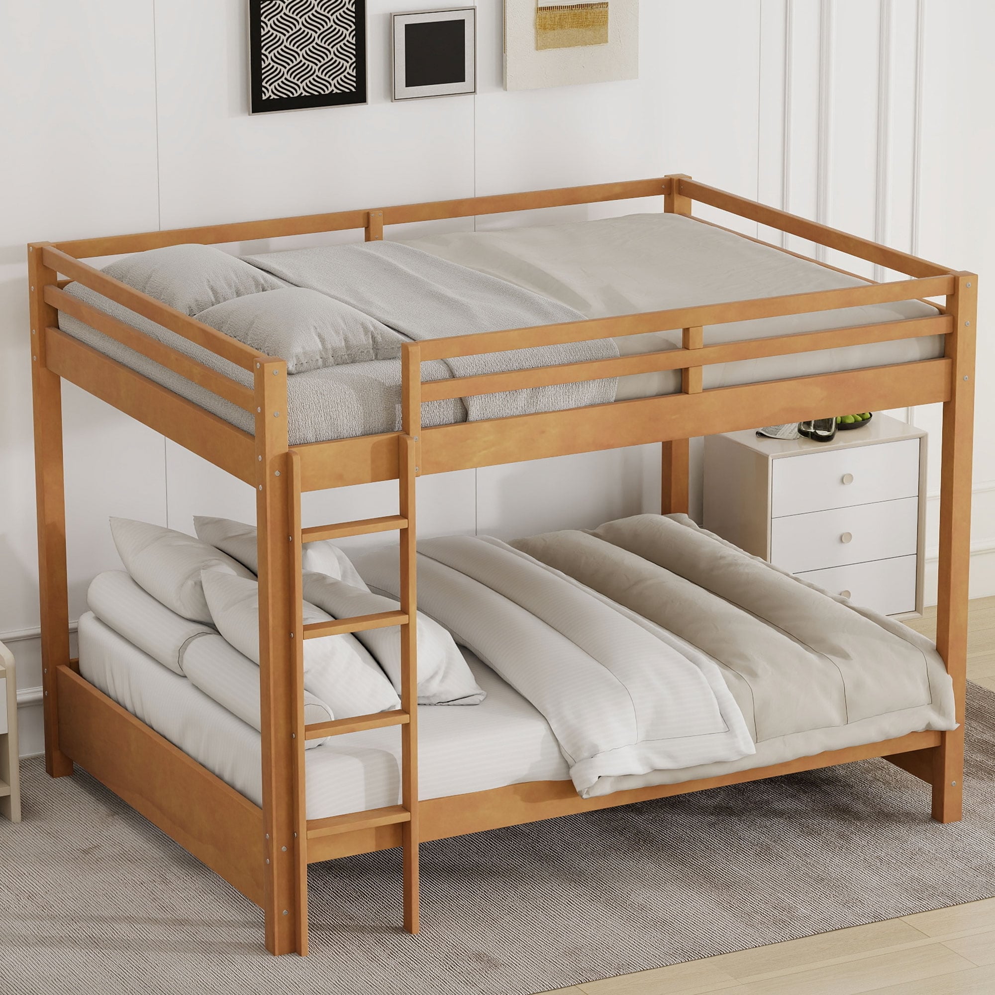 Queen Pine Bunk Bed w/ Ladder & Guardrails