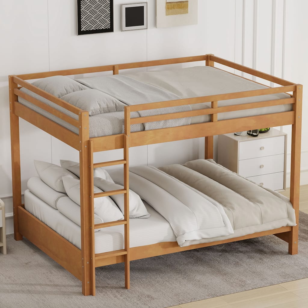 Wood Bunk Bed Queen Size China Concise Bunk Bed with Full Length Guardrail and 3 Step Ladder, Pine Wood Structure Bedframe