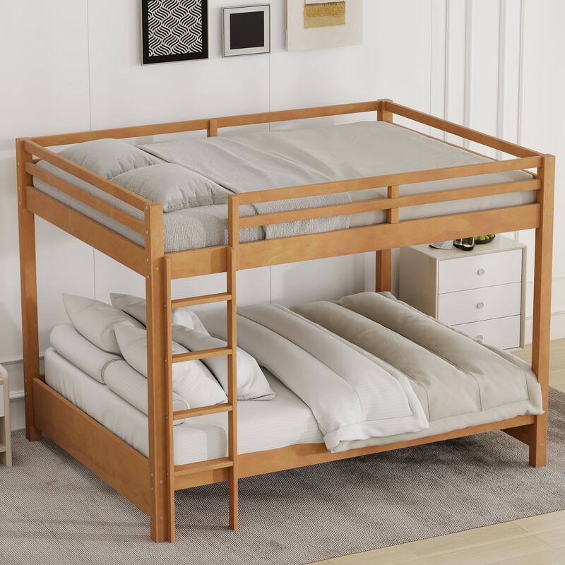 Wood Queen Size Bunk Bed with Ladder and Guardrails, No Box Spring Required