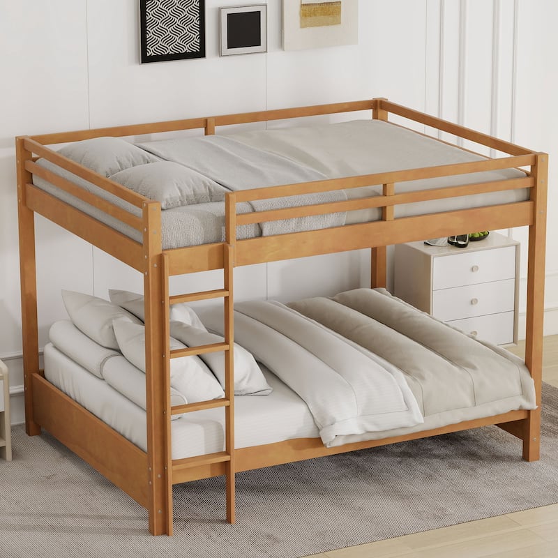 Wooden Queen Size Bunk Bed, Solid Pine Queen over Queen Bunk Bed Frame with Built In Ladder and Full Length Guardrail