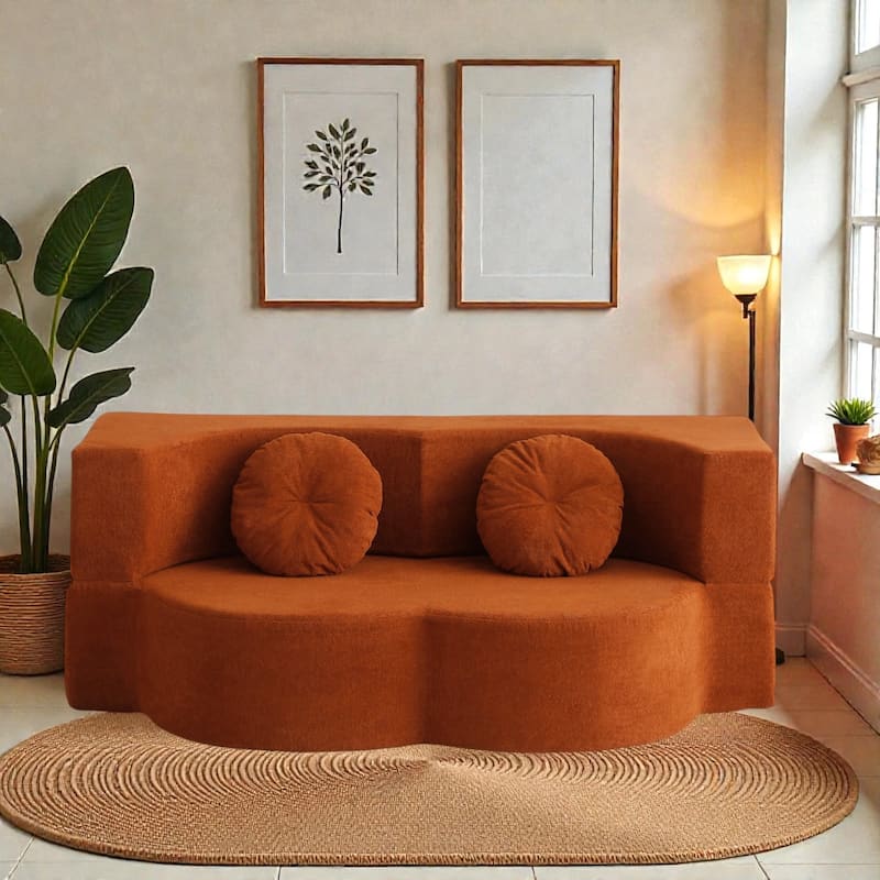 2 in 1 Folding Sofa Bed with Pillow, Twin Sleeper Floor Couch Futon Loveseat, No Assembly Required - Orange