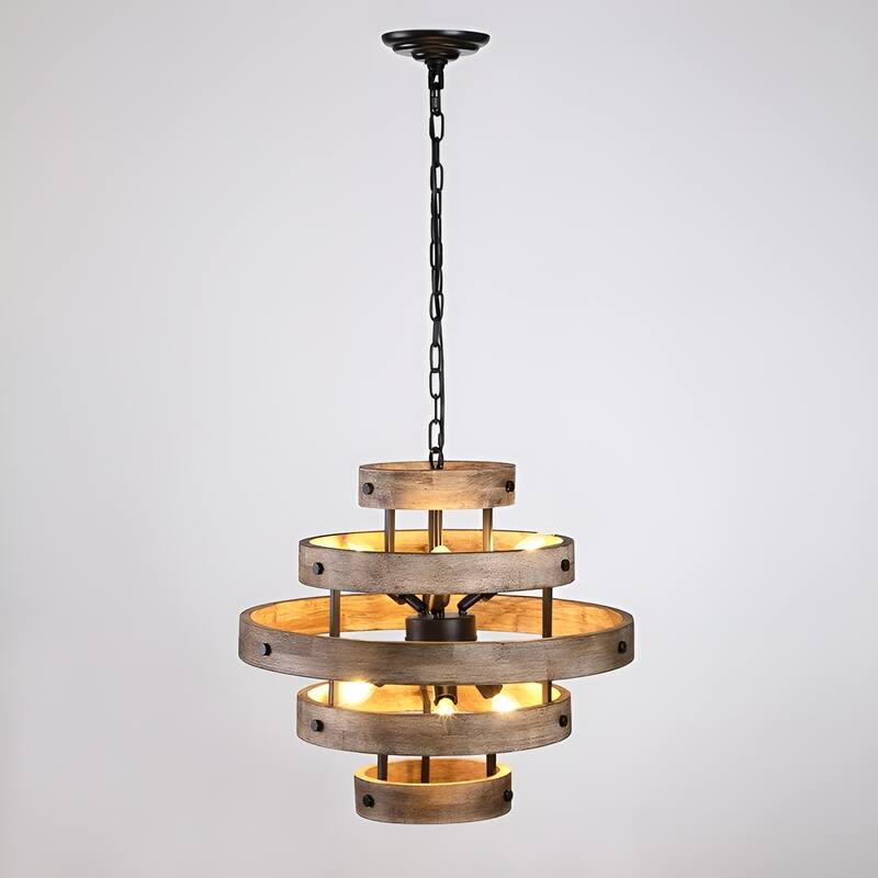 6 Light Wood Lantern Japonese Natural Eco Geometric Ceiling Lamp - Brown