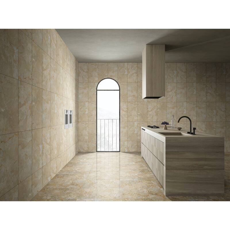 Roomfitters Gold Yellow Beige Natural Marble Tile, Polished Stone for Floor & Wall, Genuine Marble, 4-Piece Box