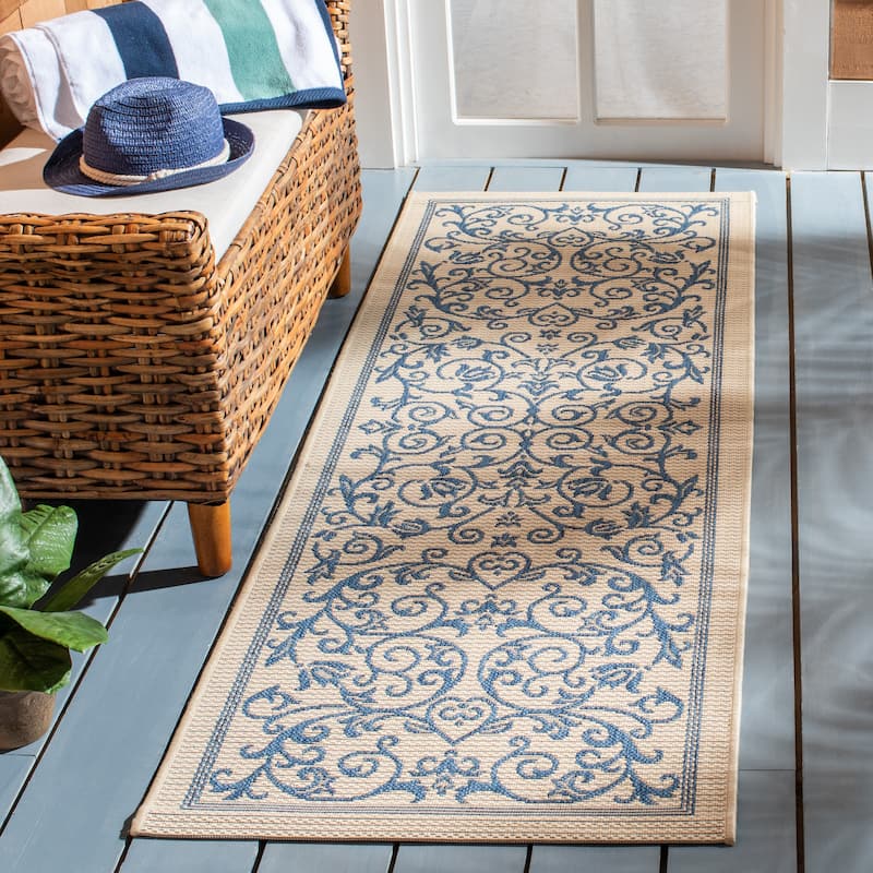 SAFAVIEH Courtyard Clarine Indoor/ Outdoor Waterproof Patio Backyard Rug - 2'3" x 6'7" Runner - Natural/Blue