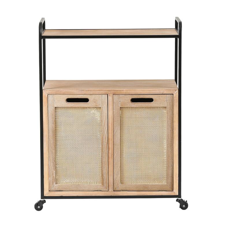 Brown and Black Mobile Natural Wood Double Tilt-Out Laundry Hamper Storage Cabinet