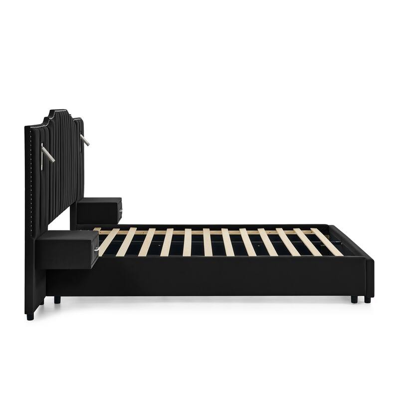 Queen Size Upholstered Bed Frame with Velvet Fabric, Vertical Stripe Design with Buttons Around Platform Bed