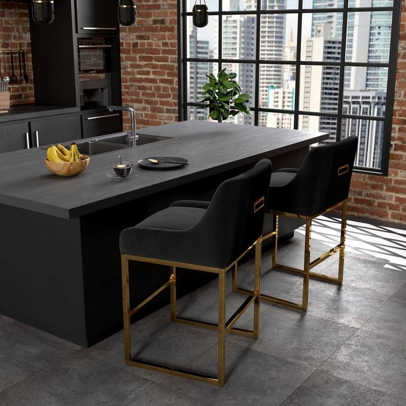 SEYNAR Mid-Century Modern Low-Back Velvet Bar Stools with Metal Frame (set of 2) - Set of 2 - Black - Counter Height