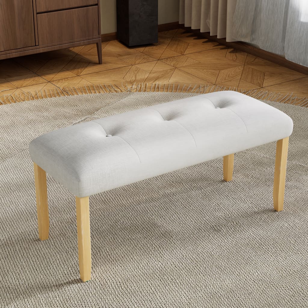 Roomfitters Upholstered Tufted Bench, 40" End of Bed Bench, Fabric Dining Bench with Wood Legs, Entryway Seating, Beige+Natural