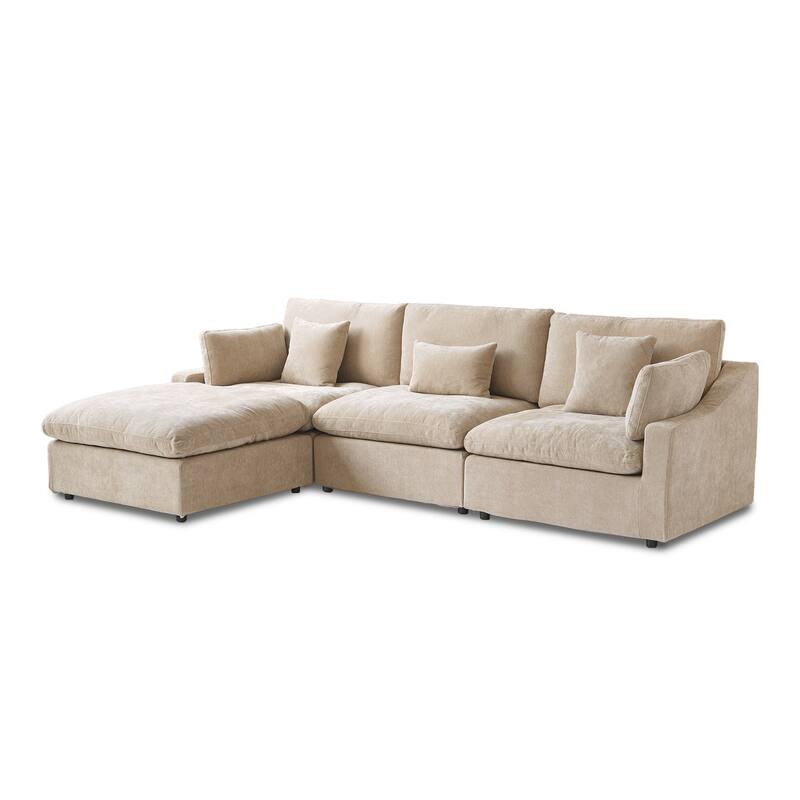 Modular Sectional Sofa Cloud Couch with Ottoman, L Shaped Linen Blend Fabric Minimalist Sectional Sofa for Living Room, Khaki