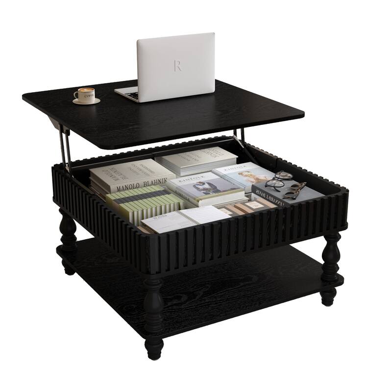 Square Fluted Lift-Top Coffee Table with Hidden & Open Storage, Black End Table Sofa Side Table Center Table
