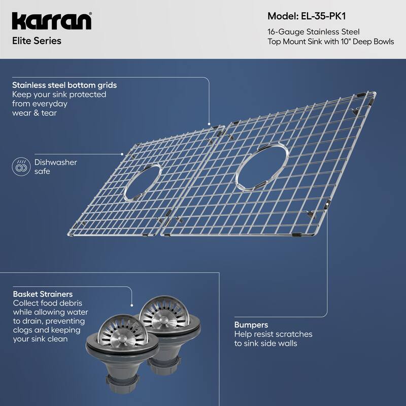 Karran 33" Top Mount Double Equal Bowl Stainless Steel Sink Kit
