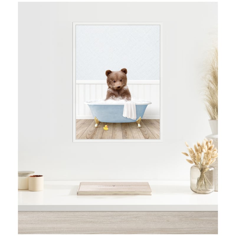 Kate and Laurel Sylvie Bear Cub in Cottage Blue Bathtub Framed Canvas by Amy Peterson